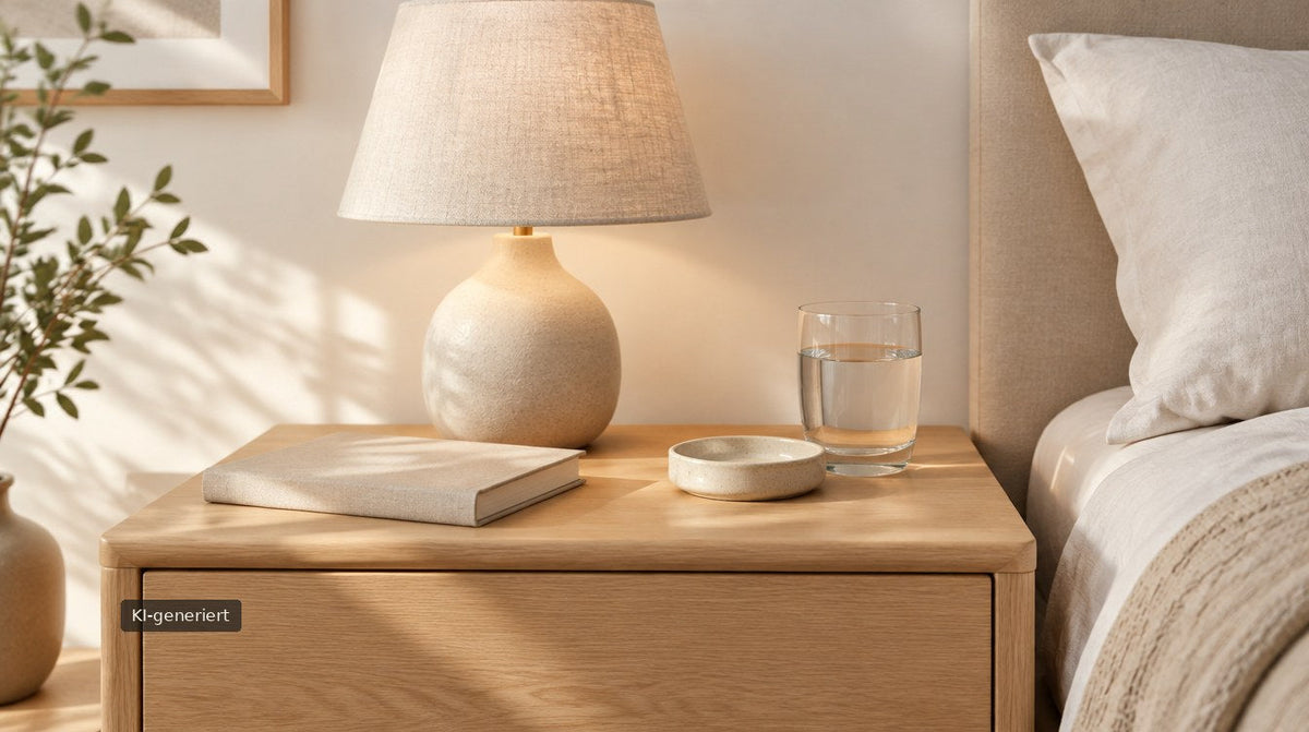KI-generiertes Symbolbild: Nachttisch aus hellem Holz mit Lampe, Buch, kleiner Schale und Wasserglas