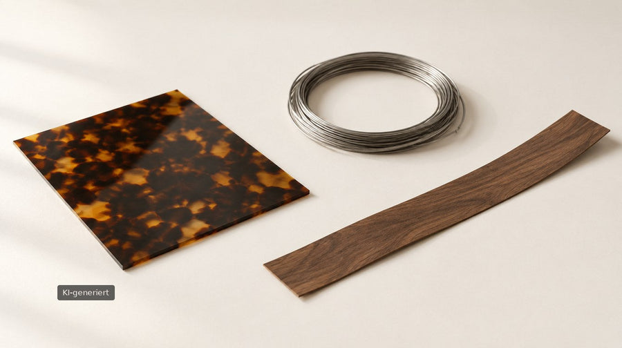 KI-generiertes Symbolbild: Acetatplatte in Schildpatt-Optik, Metalldraht und Holzfurnier nebeneinander