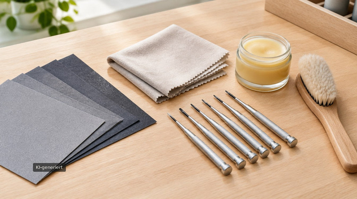 KI-generiertes Symbolbild: Schleifpapier, Poliertuch, Feinschraubendreher und Bürste auf einer hellen Werkbank