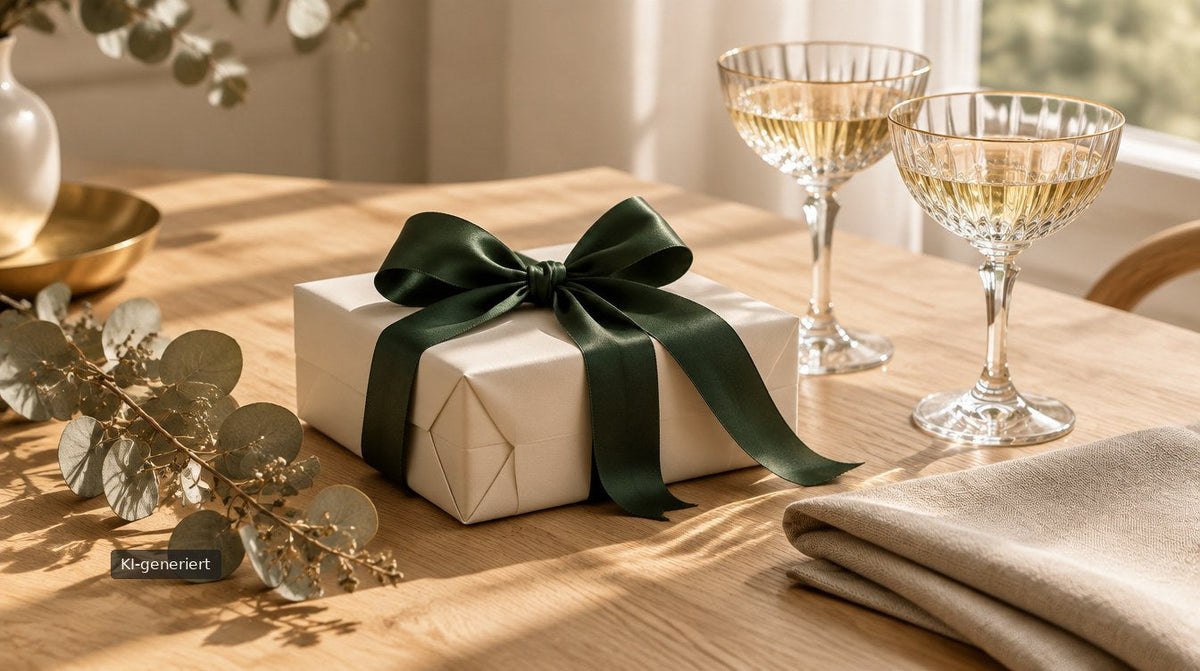 KI-generiertes Symbolbild: Geschenk in cremefarbenem Papier mit dunkelgrüner Schleife auf einem Eichentisch, daneben zwei Gläser und Eukalyptus