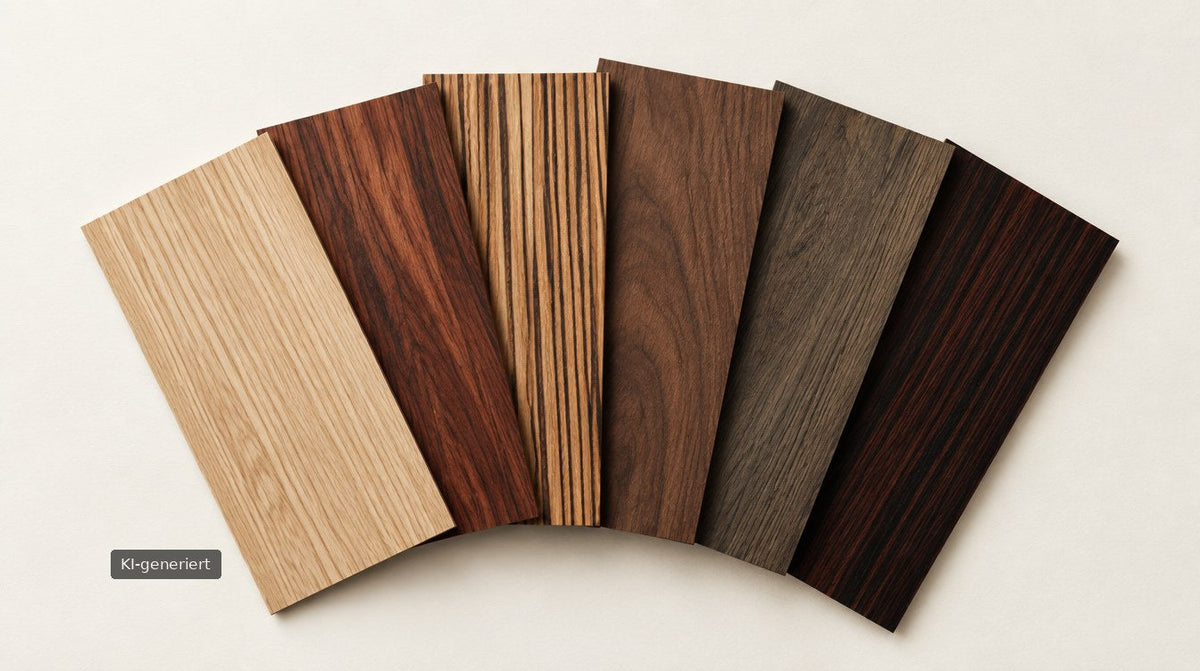 KI-generiertes Symbolbild: sechs Holzfurniere von hell bis dunkel fächerförmig ausgelegt