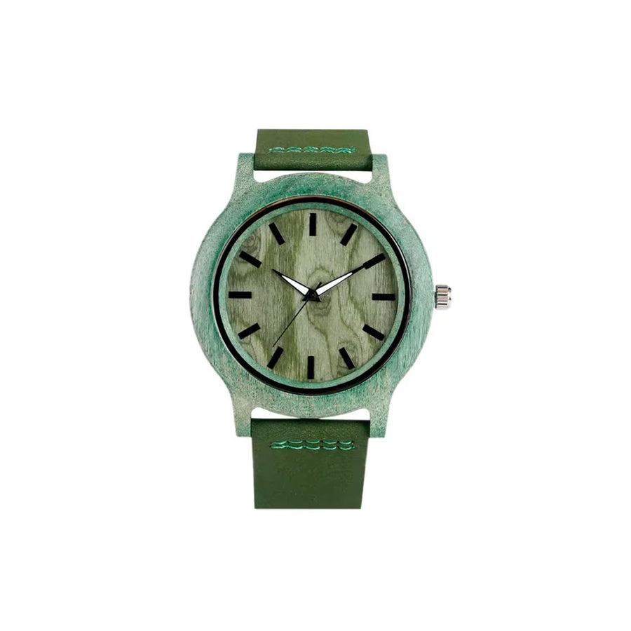Holzuhr Baar Ultra Green Bambus, Lederarmband - STADTHOLZ