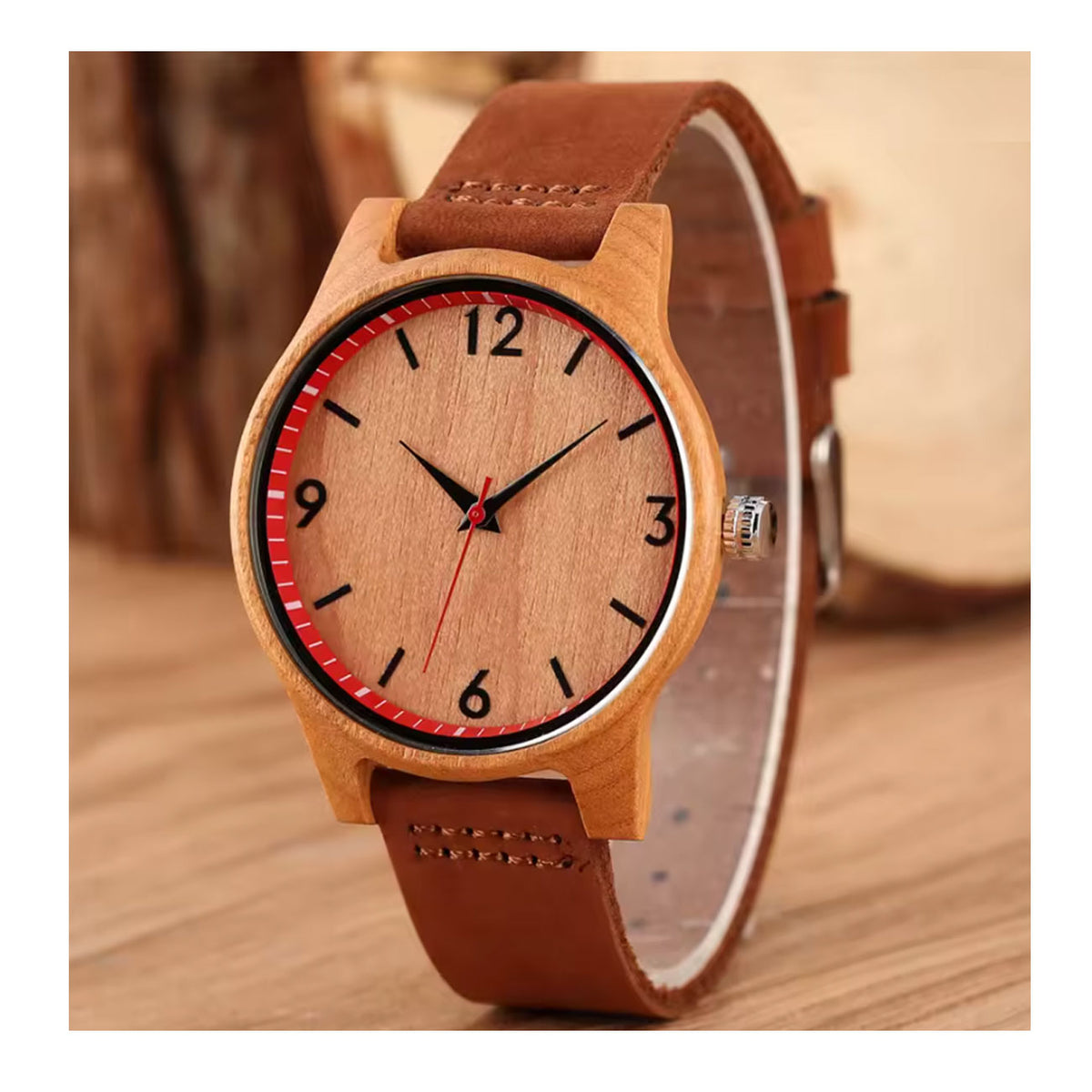 Holzuhr Derby Kirschholz, Lederarmband Cognac - STADTHOLZ
