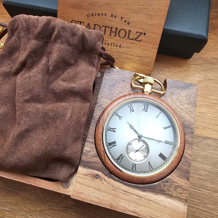 Holz-Taschenuhr Glasgow Nussbaum Gold - STADTHOLZ