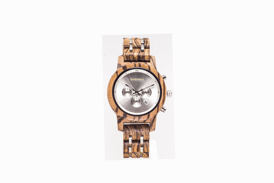 Stadtholz Holzuhr Orleans Zebrano Silber Chronograph - STADTHOLZ