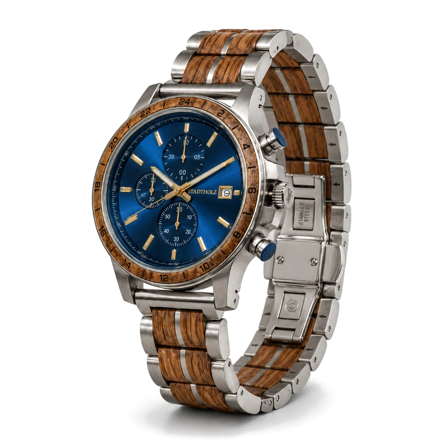 Chronograph mit Edelstahlgehäuse und Holzgliedern, schräg von vorn
